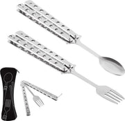 Lepels a farfalla, set di 2 forchette e cucchiai a forma di farfalla, utensili da campeggio multifunzionali, coltello da tavola pieghevole, acciaio inossidabile, oggetti da viaggio e campeggio pieghevoli per trekking, BBQ e grigliata