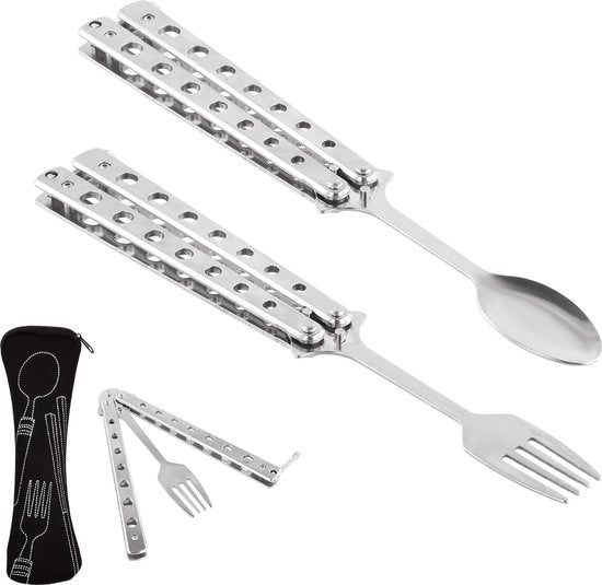 Lepels a farfalla, set di 2 forchette e cucchiai a forma di farfalla, utensili da campeggio multifunzionali, coltello da tavola pieghevole, acciaio inossidabile, oggetti da viaggio e campeggio pieghevoli per trekking, BBQ e grigliata