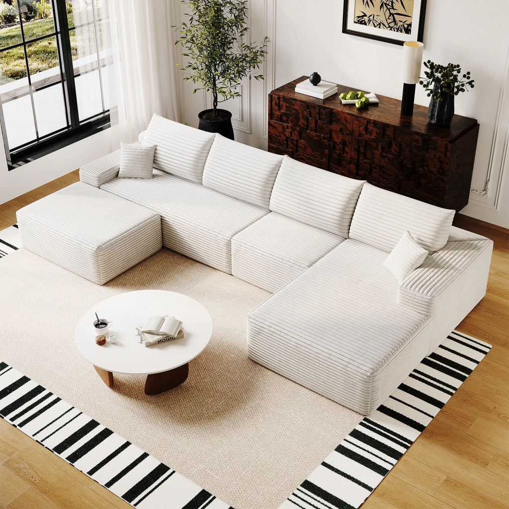 Divano angolare modulare con chaise longue a L in velluto a coste, seduta morbida, per soggiorno, bianco