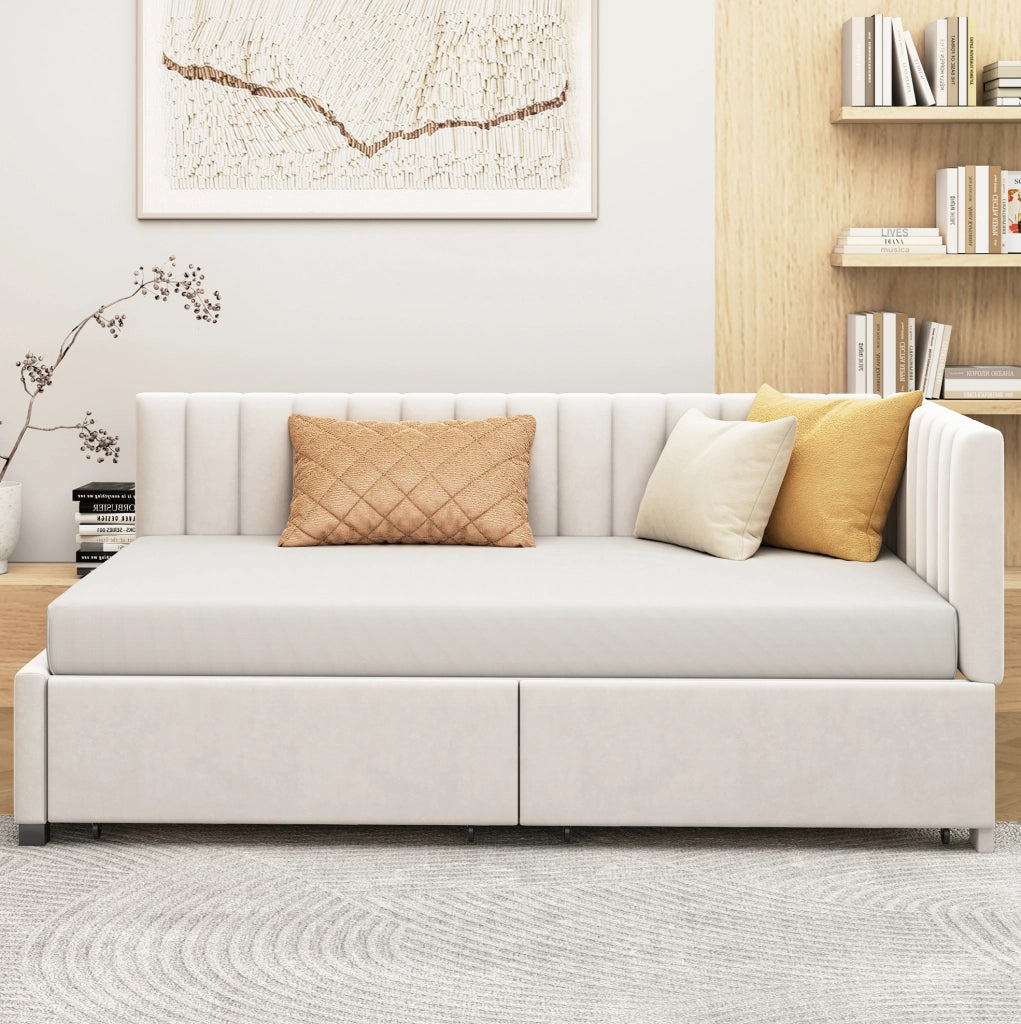 Letto imbottito 90x200 cm con 2 cassetti e rete a doghe beige