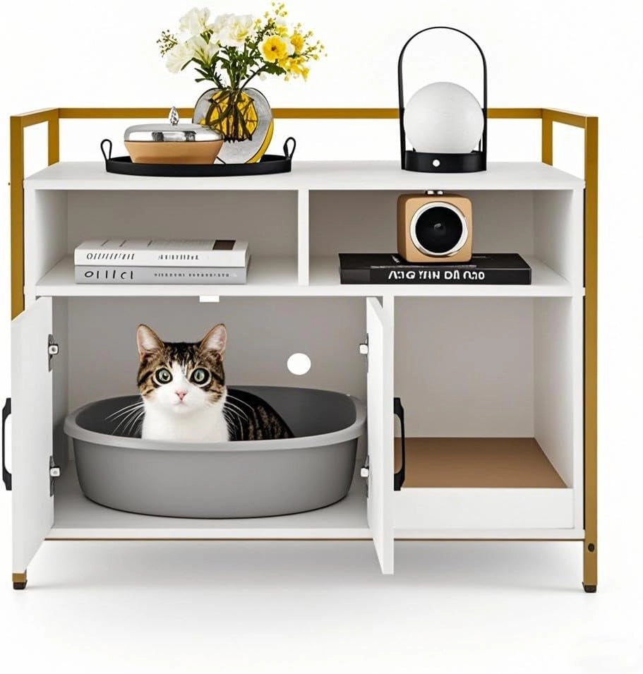 Mobile Lettiera per Gatti con 3 Ripiani Aperti e 2 Ante, Armadietto per Gatto in Legno, Grotta Rifugio con Grattatoio in Cartone Multiuso per Ingresso e Soggiorno (Bianco, 89 x 45 x 74,5 cm)