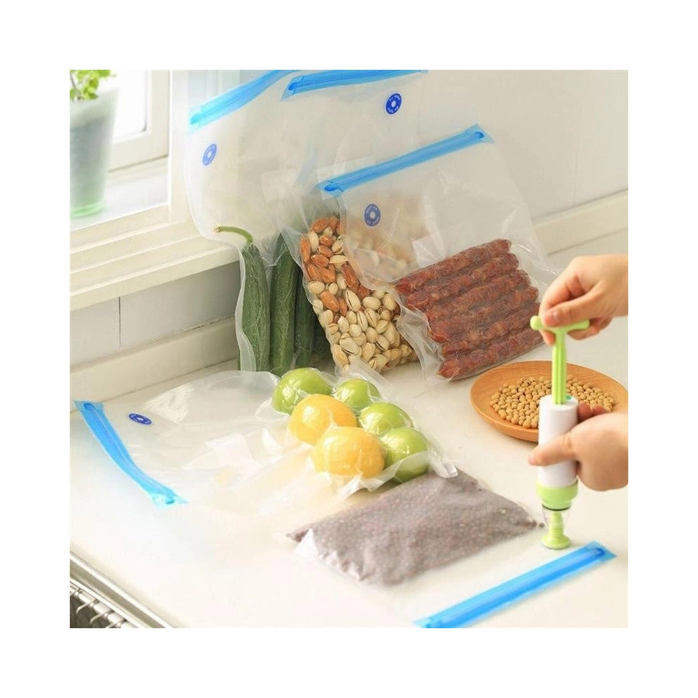 Trade Shop - Set Sacchetti Zip Sottovuoto Con Pompa A Mano 2 Clip Chiudi Buste Sigilla Chiudi -