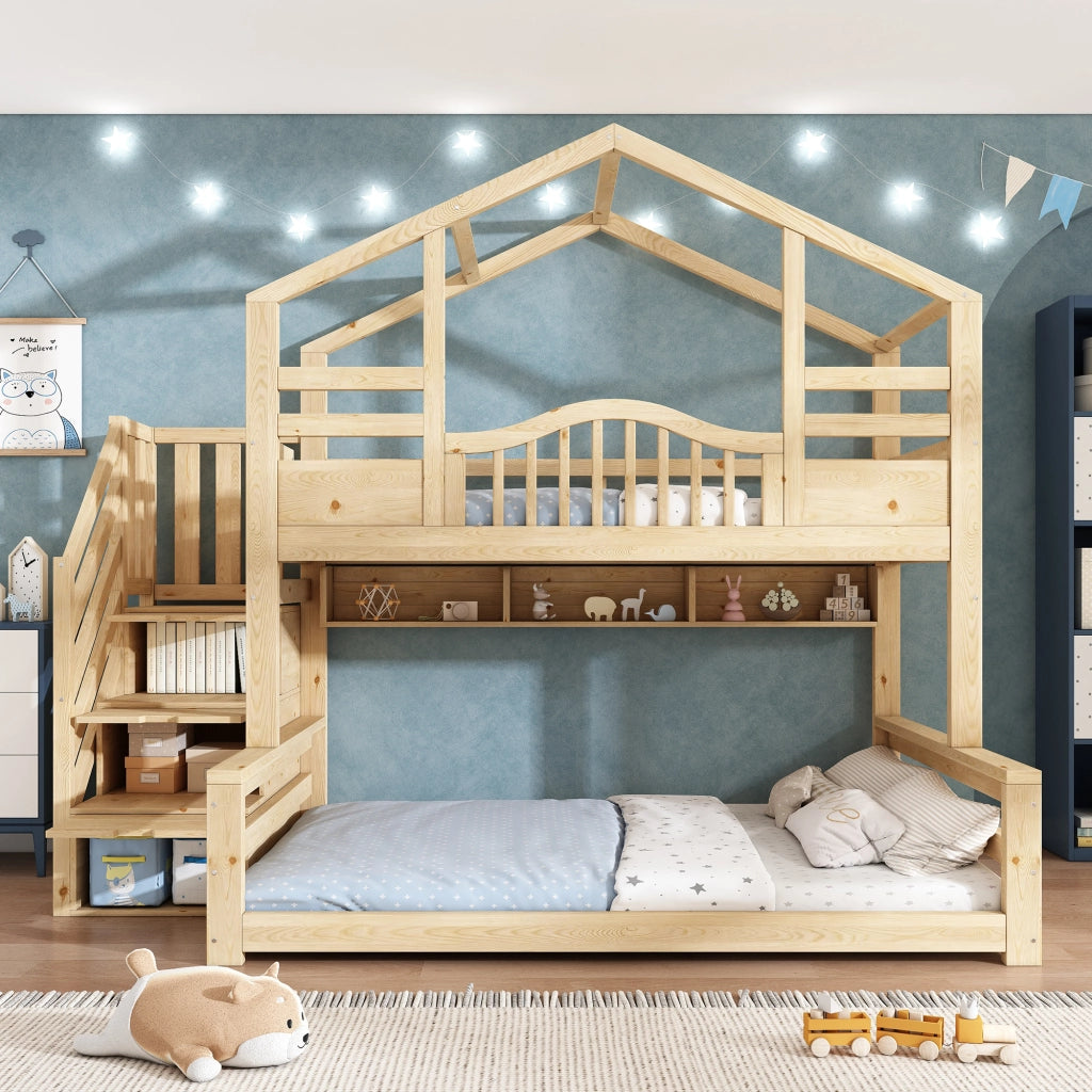 Letto a Castello 90x200 cm e 140x200 cm - Casetta; Scale Contenitore e Mensole - Beige