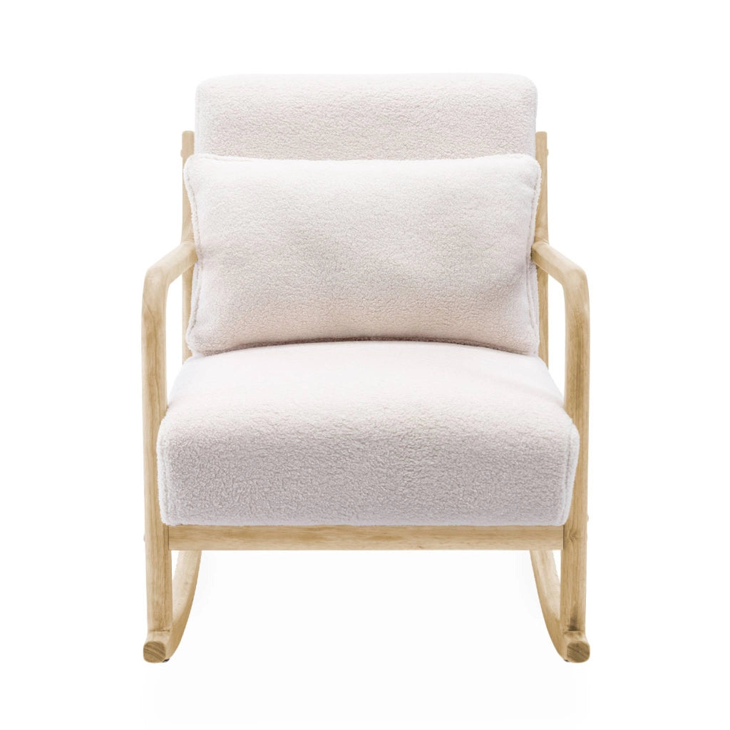 Poltrona scandinava a dondolo in legno e tessuto bouclé, crema