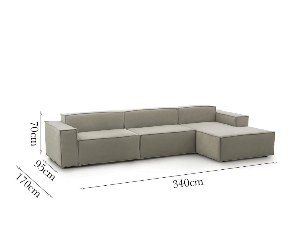Divano fisso Asvaldo, Divano componibile a 4 posti con penisola destra, Made in Italy, SofÒ  moderno in tessuto, Cm 340x170h70, Tortora