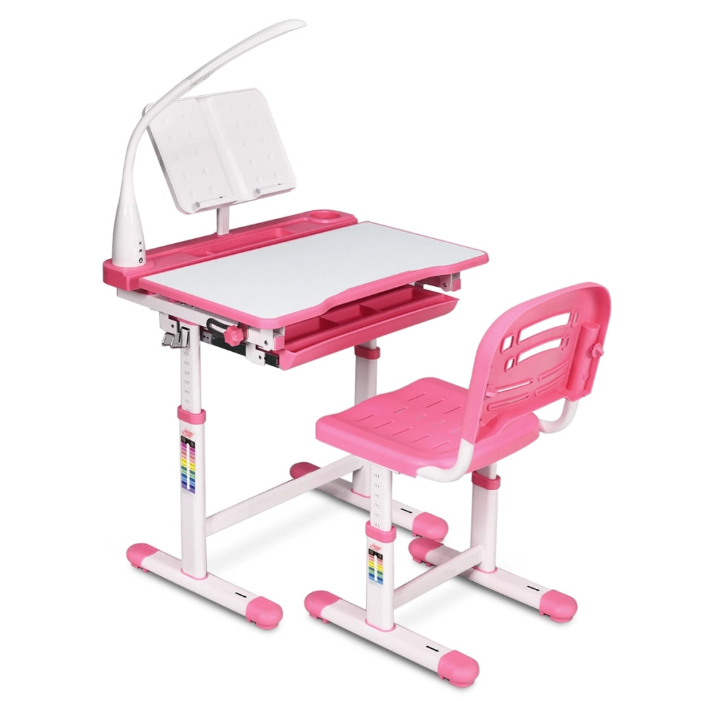 Scrivania per bambini altezza regolabile 54-76cm Set tavolo e sedie bimbi inclinabile con lampada, Rosa-Tavoli e sedie