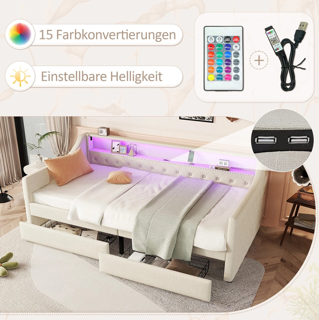 LETTO Divano 90x200 cm in lino beige con LED, USB e 2 cassetti