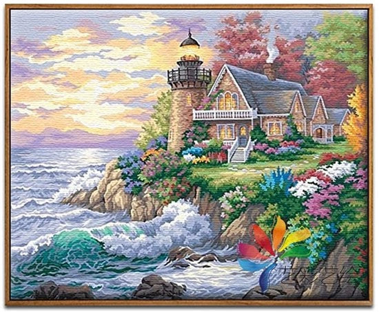Set di Crocette per Punto Croce - Faro al Mare - Kit di Punto per Telaio - Incluso Tessuto di Cotone - Con Filo e Ago - Dimensioni 44 x 36 cm