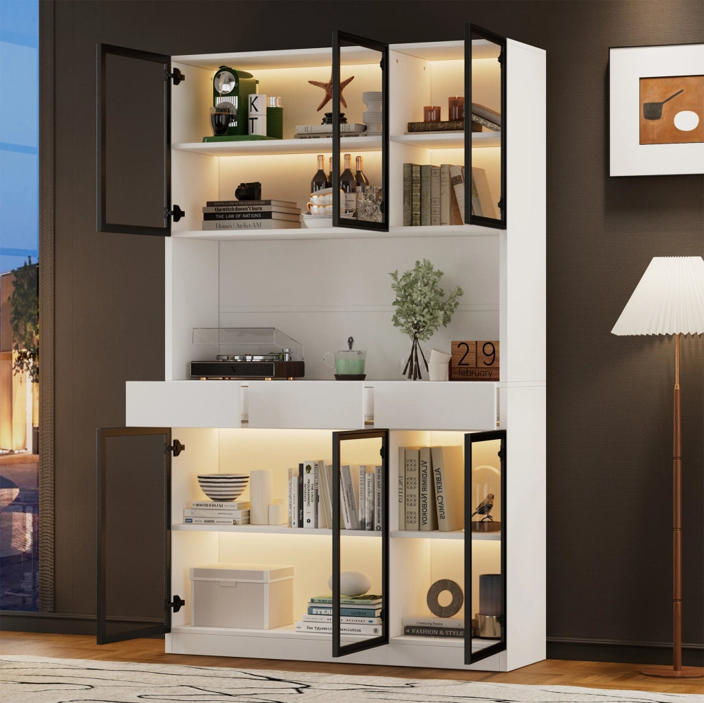 Vetrina con 6 ante; 3 cassetti e LED - per soggiorno - 120x30x200 cm - bianco