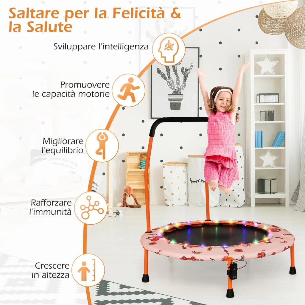 Trampolino per Bambini da Interno ed Esterno, Tappeto Elasctico Bambini 3-6 Anni in Acciaio con Maniglia Rimovibile, Luci LED, Cuscinetti Antiscivolo e Copertura Protettiva