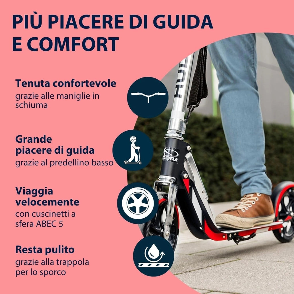 HUDORA Monopattino BigWheel 205 - in alluminio resistente - Monopattino pieghevole regolabile con cavalletto - sportivo per bambini e adulti fino a 100 kg - nero/rosso