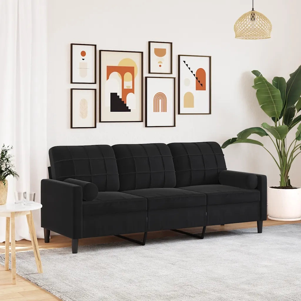 Divano | Divano da soggiorno | Sofa a 3 Posti con Cuscini Nero 180 cm in Velluto