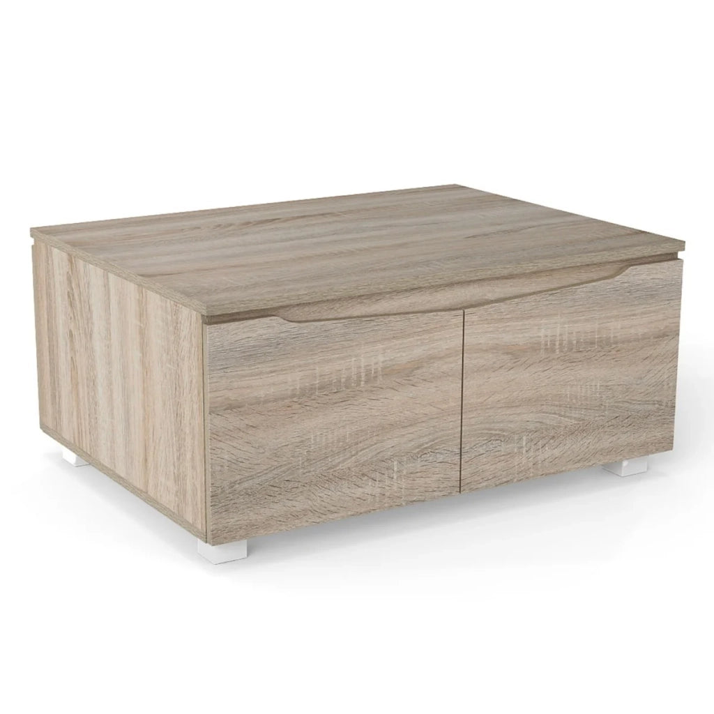 Tavolino rettangolare 80 x 60 x 37 cm con elegante contenitore e doppia apertura stile moderno MDF effetto rovere 20_0018773