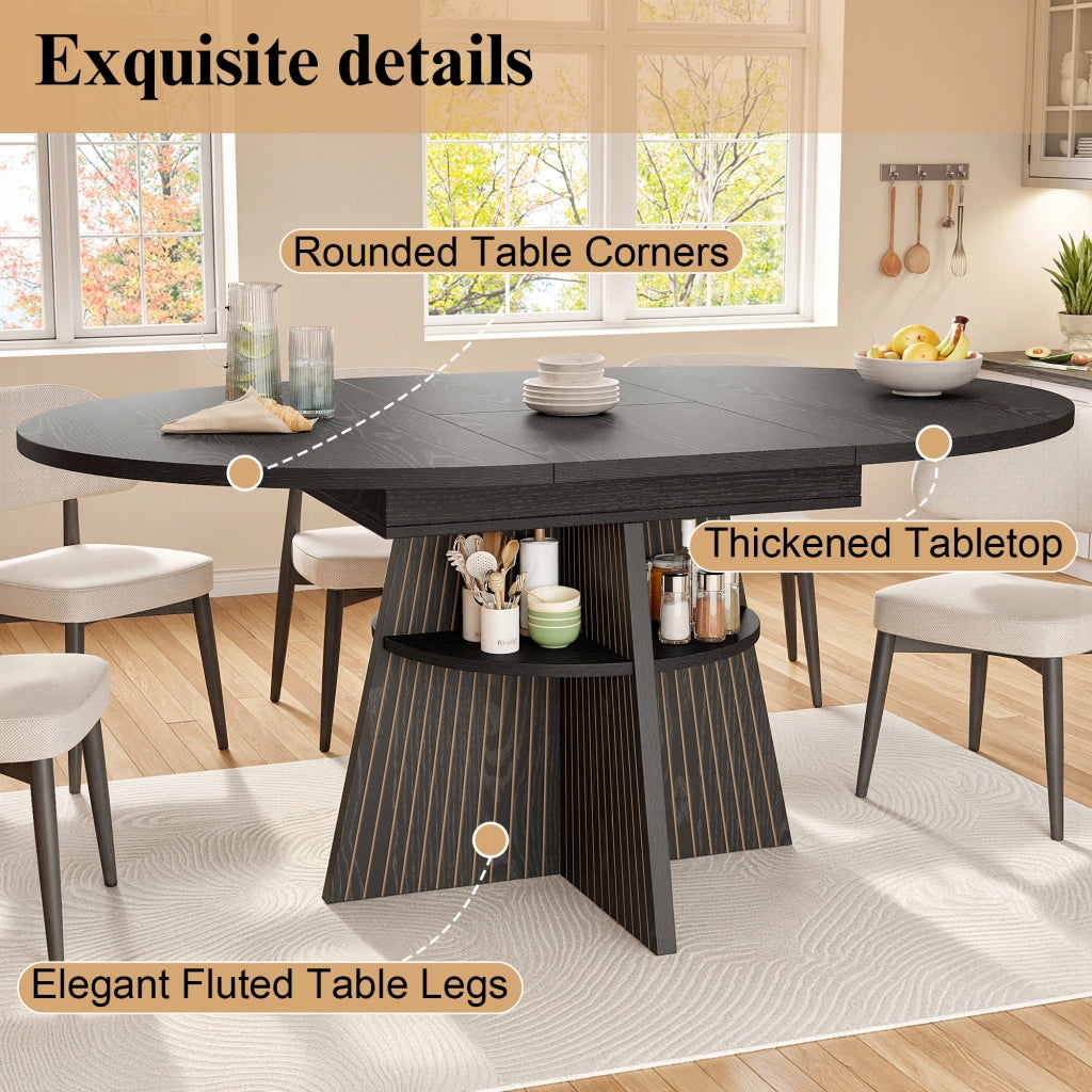 Tavolo allungabile con vano aperto e angoli arrotondati, per 2-8 persone, in MDF e metallo, nero, 110-150 × 110 × 76 cm