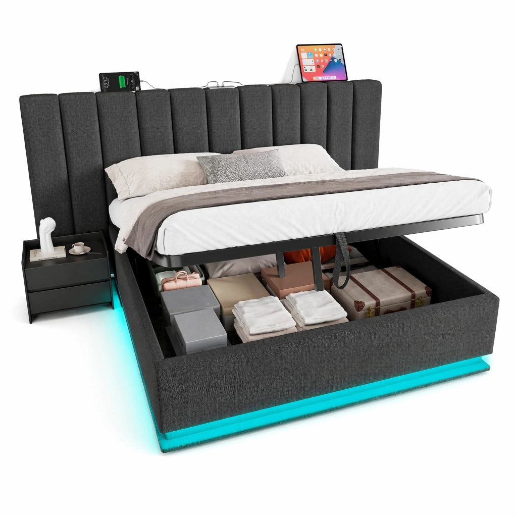 Letto matrimoniale contenitore 180x200 cm con LED 360掳; USB e USB-C; in lino grigio