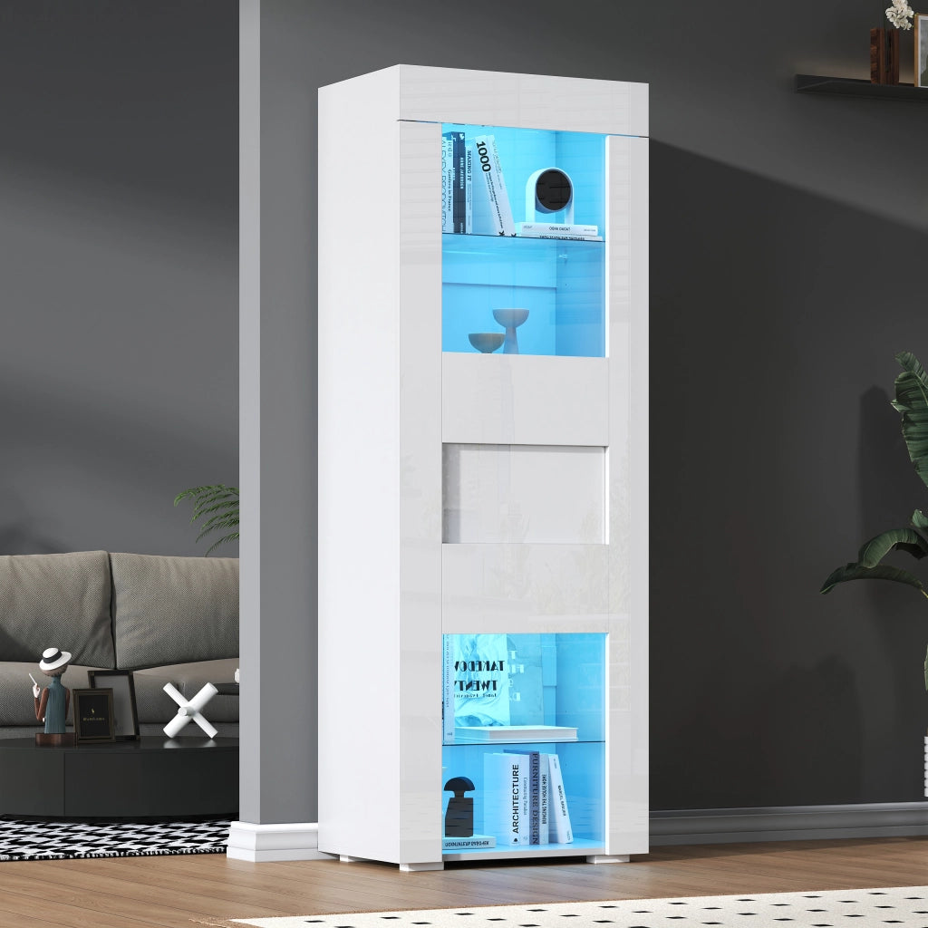 Vetrina con LED e 1 anta, 4 vani e ripiani regolabili, per soggiorno, in MDF e vetro, bianco, 60 × 40 × 170 cm
