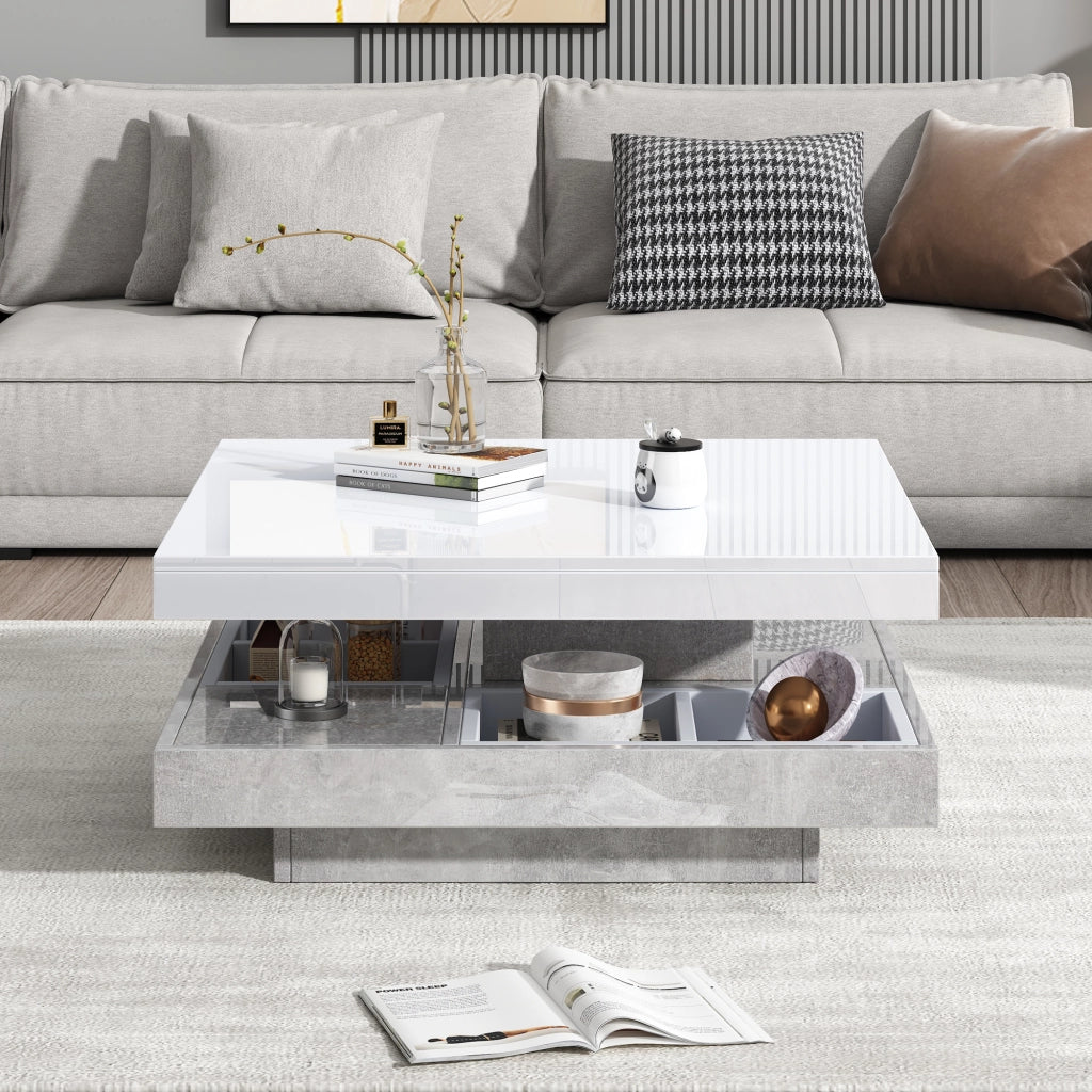TAVOLINO DA SALOTTO Doppio piano girevole 360° 70x70x36 cm Bianco/effetto marmo