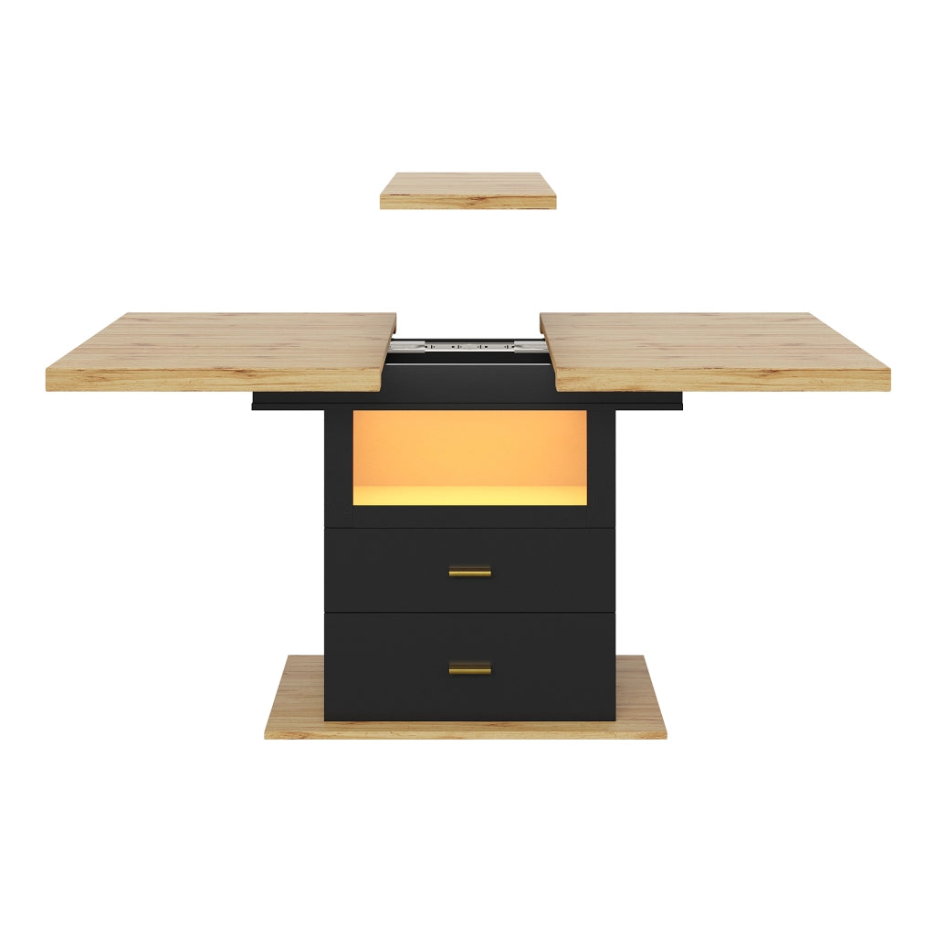 Tavolo da pranzo allungabile 110-140 x 80 x 75 cm con LED, 2 cassetti, MDF e metallo