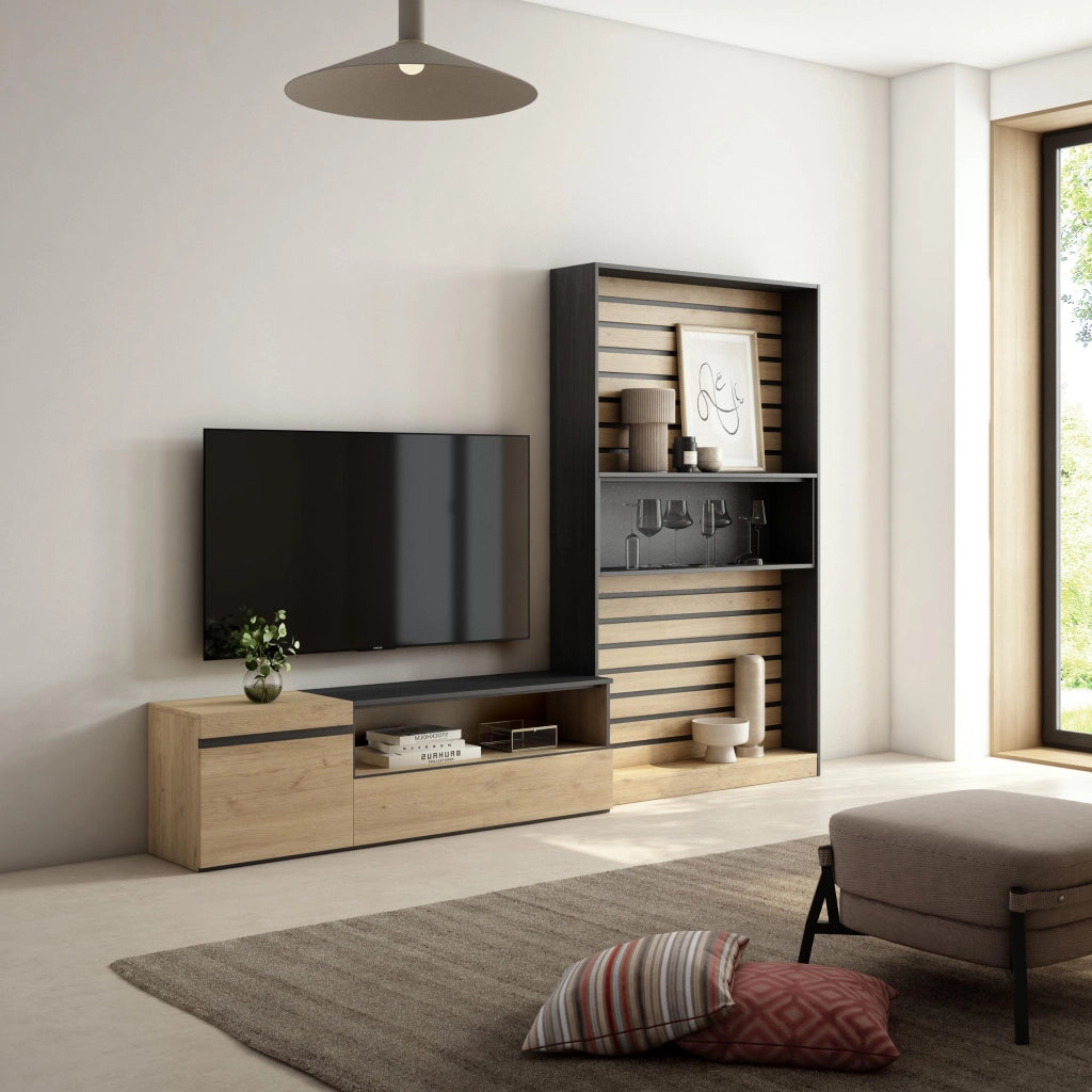 Mobile TV, Soggiorno, 260x35x186cm, Per TV fino a 65", Set di mobili, colore Rovere e nero RF2538