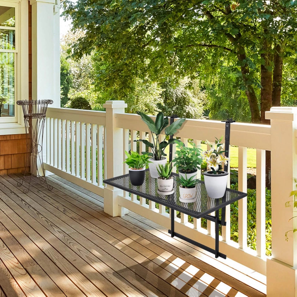 Tavolino Pieghevole da Balcone, Regolabile in Altezza, Tavolo da Appendere a Sospensione di Ferro, Nero, 60,5 x 40,5 x 61,5-82,5 cm