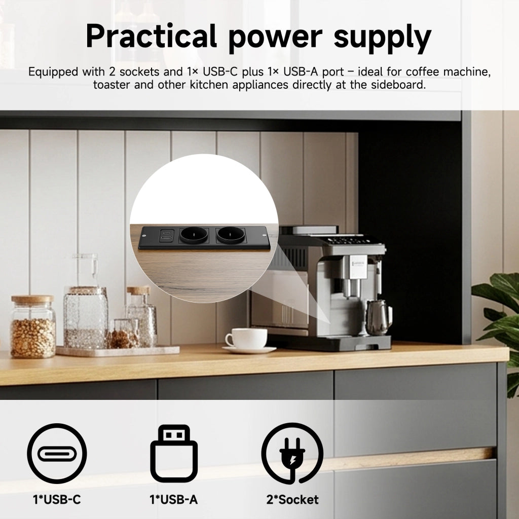 Credenza e madia con LED app, porte in vetro e prese USB, per soggiorno e cucina, in truciolare, nero, 160 × 40 × 185 cm