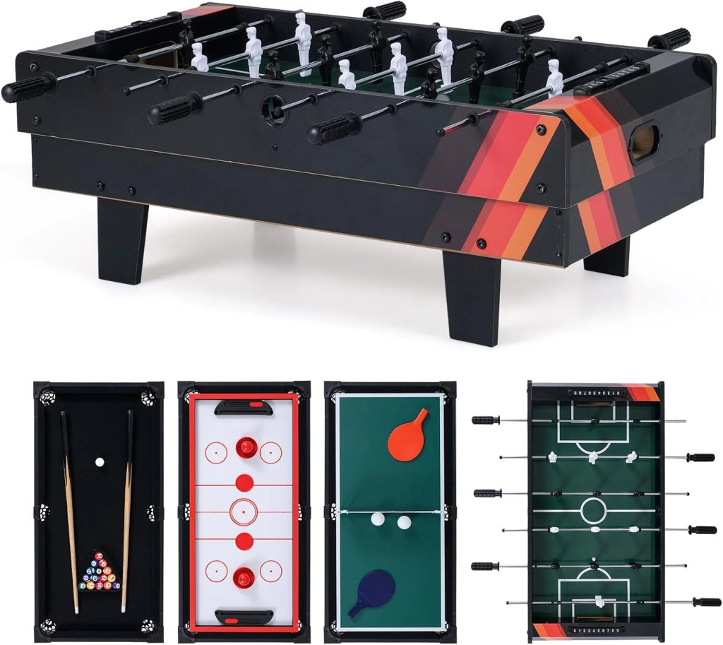 Tavolo Multigioco, Gioco Multifunzione 4 in 1-Calcio Balilla, Tavolo da Biliardo, Ping Pong, Air Hockey, Calcetto Multigioco per Adulti e Bambini, Casa Feste Bar (Nero)