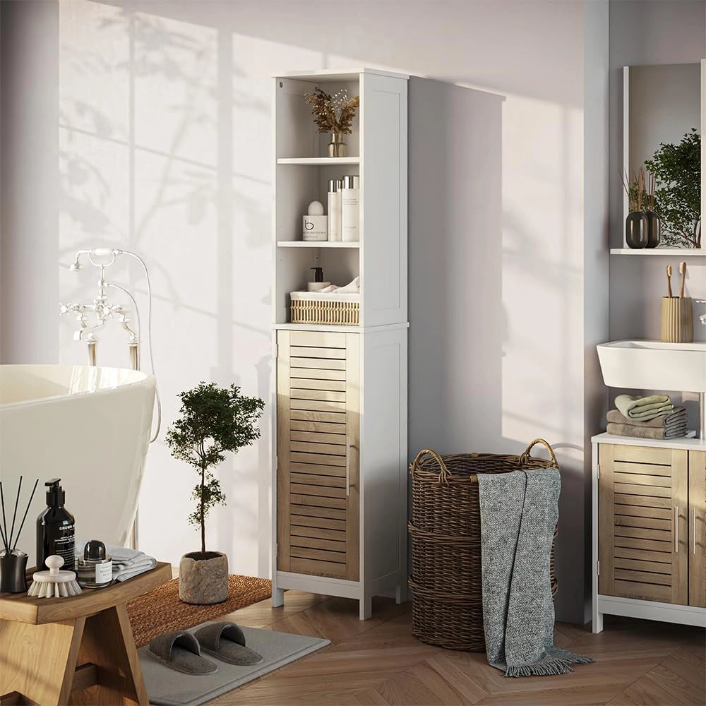 Armadio per il bagno Looma, Bianco/quercia, 35 x 173 cm con 6 scomparti, utilizzabile come armadio sovrapponibile per lavatrice o WC