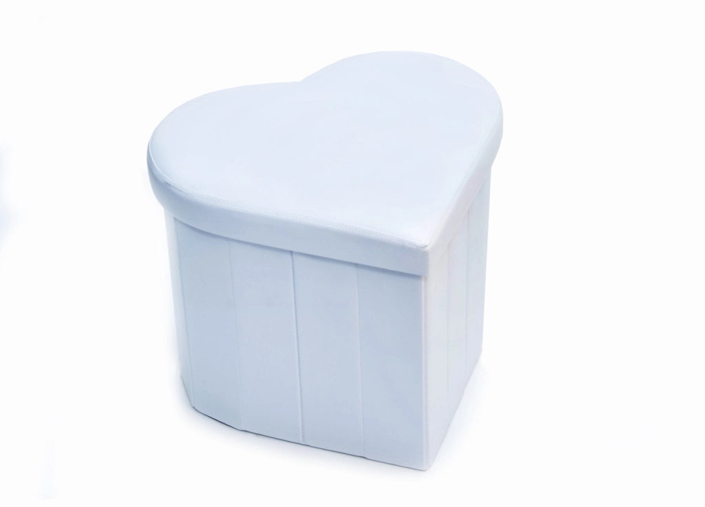 Pouf Contenitore Imbottito Pieghevole In Ecopelle Modello Coracao Cuore Bianco
