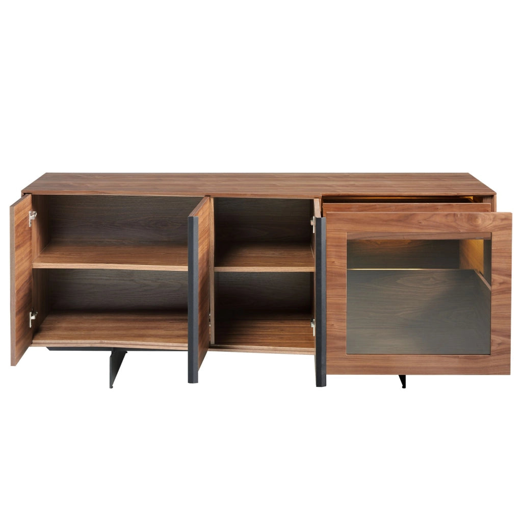 Credenza in noce e acciaio nero con illuminazione interna