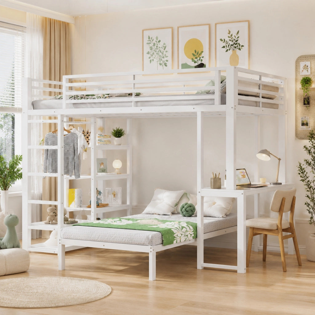 Letto a soppalco 90 × 200 cm con scrivania, 4 ripiani, armadio aperto e presa USB e tipo C, senza materasso, bianco