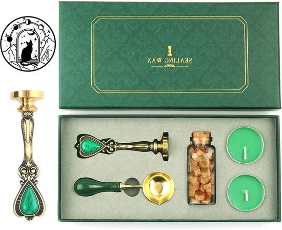 Kit di Sigillo a Cera con Disegno di Gatto e Stile Retro Vintage Luna Stella - Incluso Sigillante e Cucchiaio di Rame