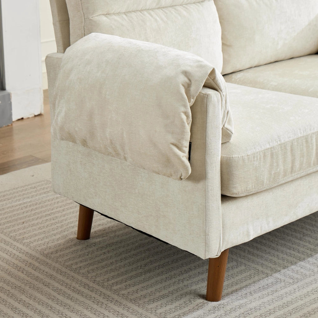 Divano a 2 posti in ciniglia con cuscini imbottiti e gambe effetto legno salvaspazio per soggiorno e piccoli spazi beige