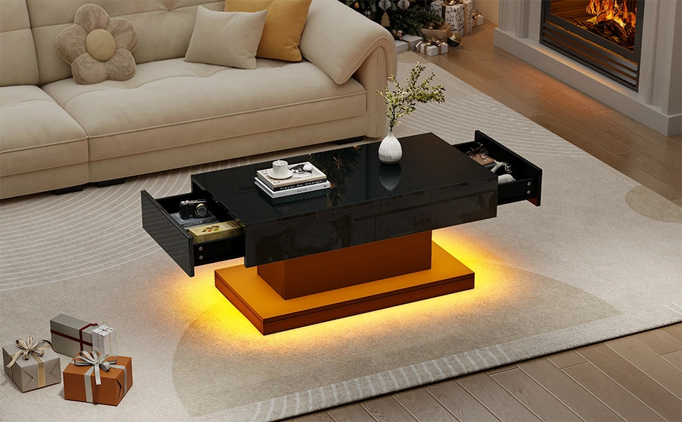 Tavolino da Caff¨¨ con LED e 2 Cassetti ¨C MINIMAL ¨C Nero Lucido, 100x50x45