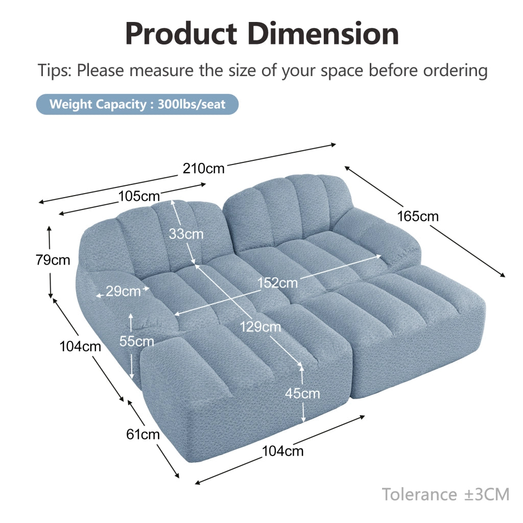 Divano modulare 2 posti con 2 pouf - Zephmum- Schiuma ad alta densit¨¤ 32D, design antiscivolo, tessuto morbido, blu