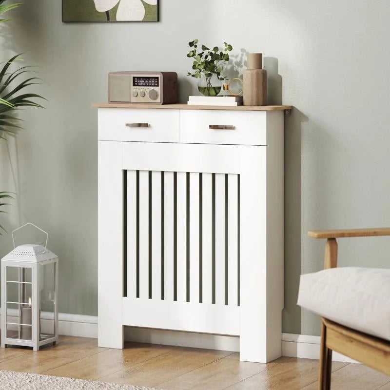 COPRITERMOSIFONE A DOGHE ANTIRIBALTAMENTO CON CASSETTO, IN LEGNO, 78X19X97 CM, BIANCO