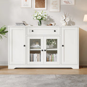 Credenza a quattro ante, mobile da ingresso, 2 ante in vetro, con cassetti, 138 x 40 x 83 cm, bianca