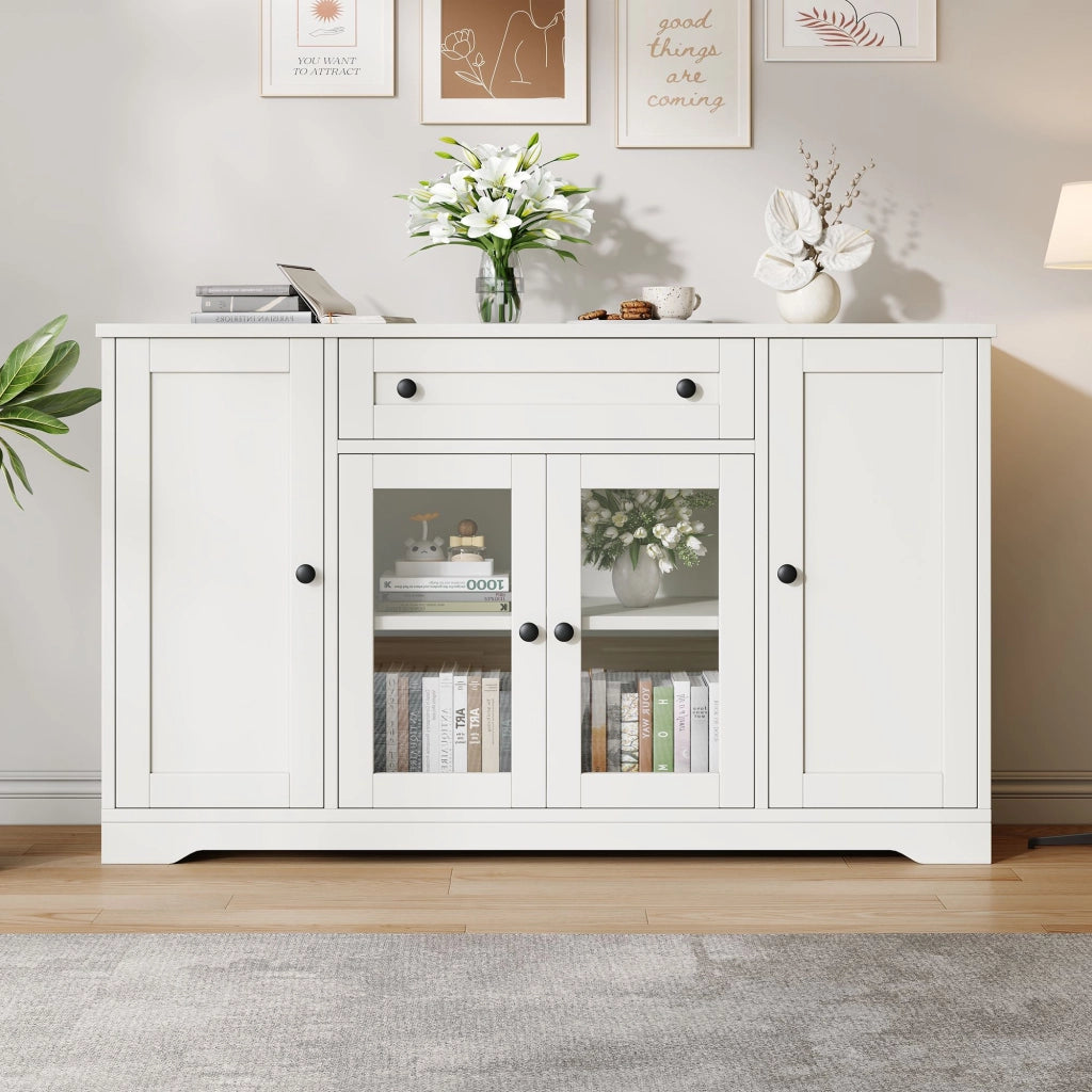 Credenza a quattro ante, mobile da ingresso, 2 ante in vetro, con cassetti, 138 x 40 x 83 cm, bianca
