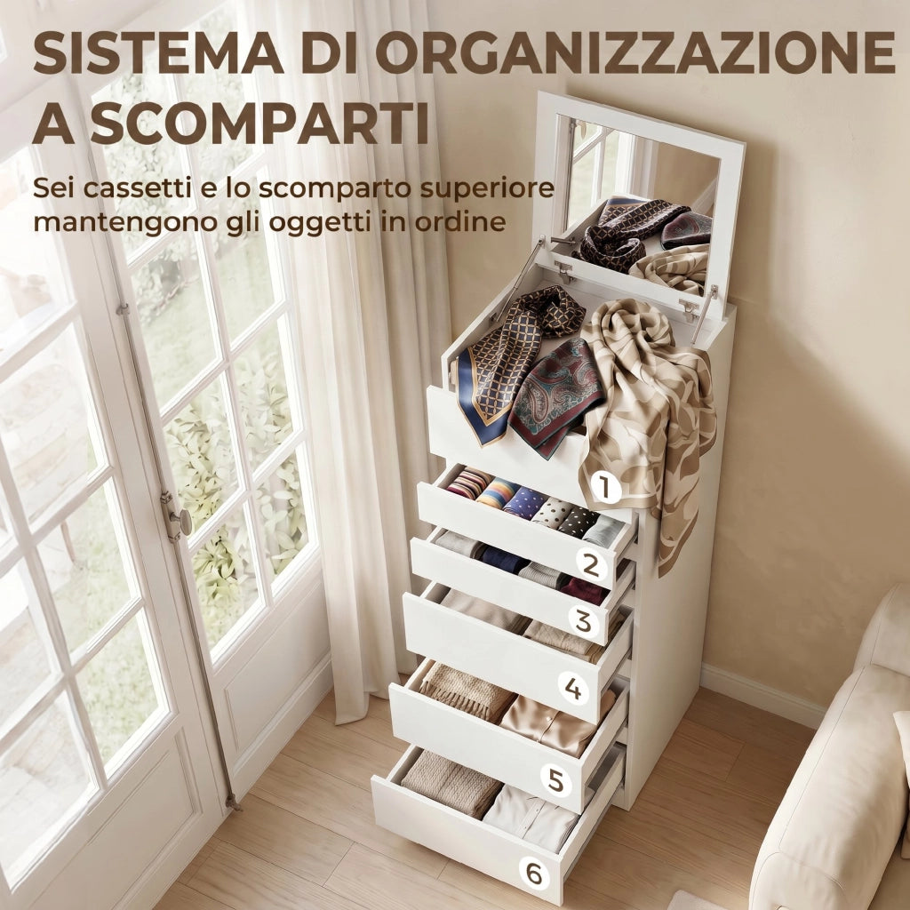 Cassettiera 40x48x110 cm 6 Casetti con Specchio Ribaltabile in MDF Bianco