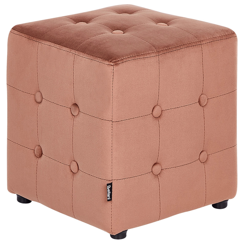 Pouf a forma di Cubo in velluto rosa pesca con bottoni tappezzeria trapuntata