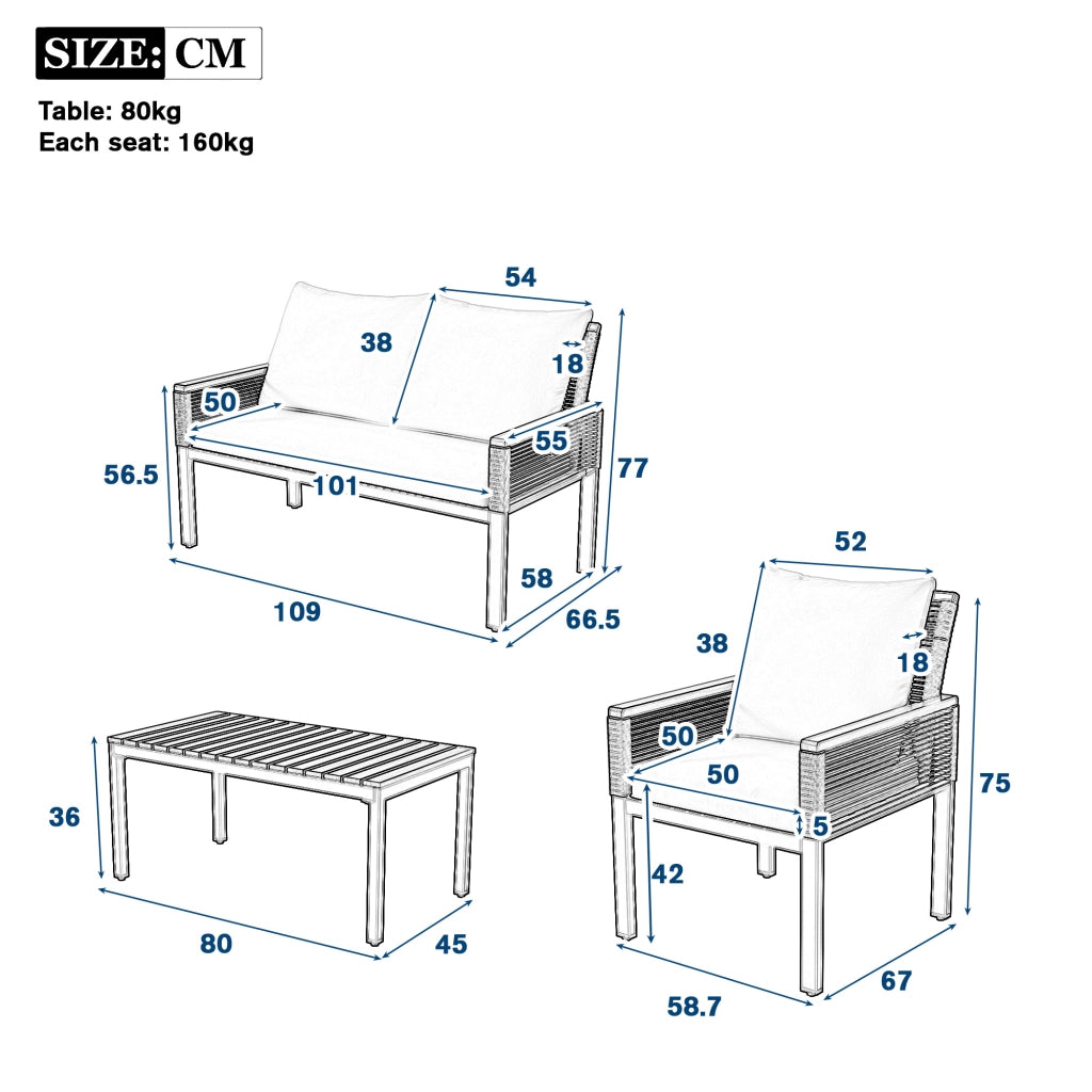 Set Divano da Giardino Polyrattan con Cuscini, 2 Poltrone e Tavolino ¨C MINIMAL ¨C Beige
