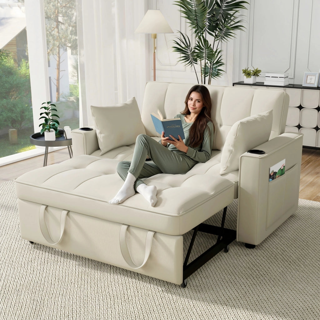 Divano letto multifunzione con portabicchieri e tasche in velluto beige