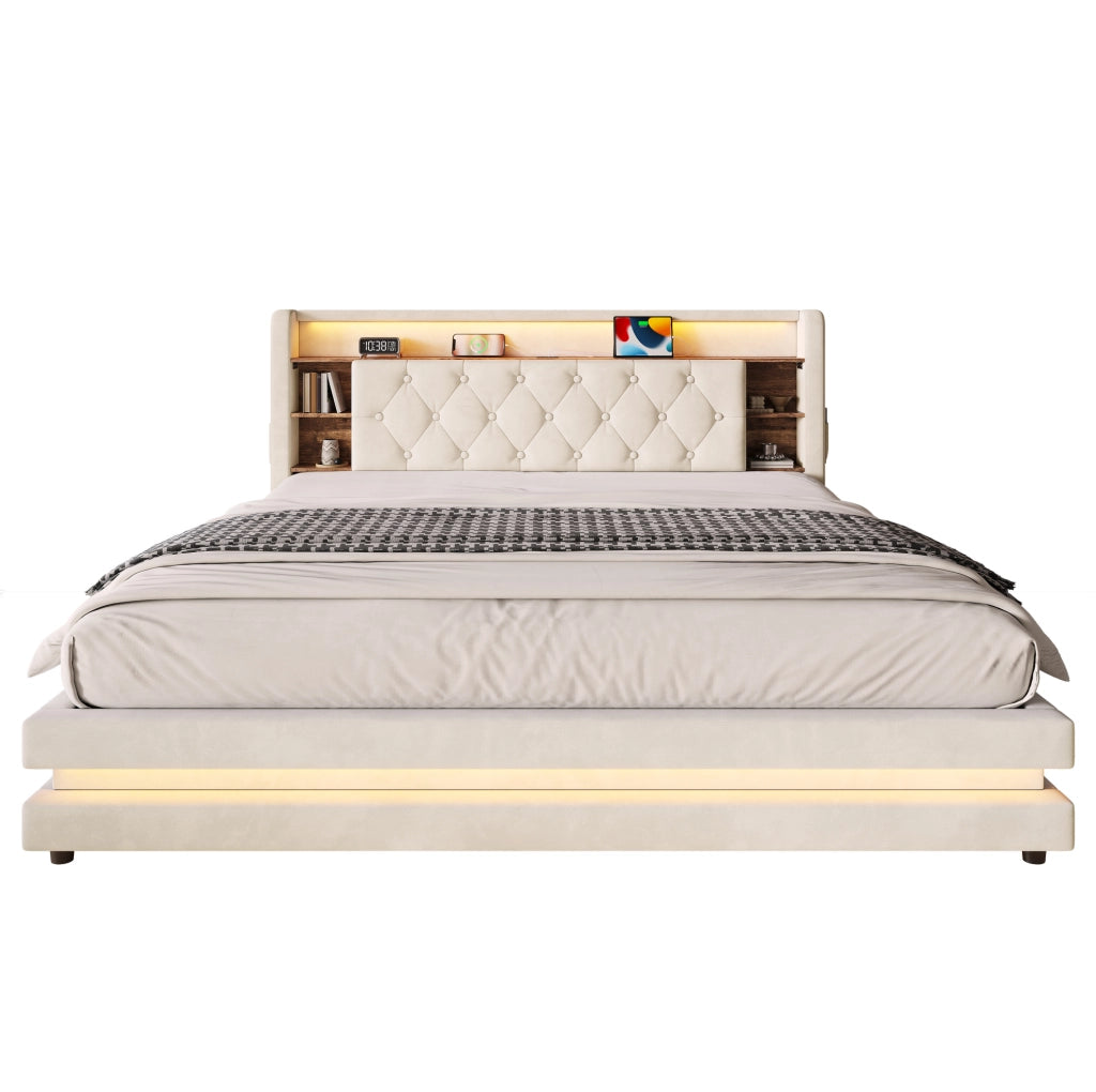 Letto contenitore imbottito 180x200 cm in velluto beige con testiera multifunzionale, LED, USB e tipo C