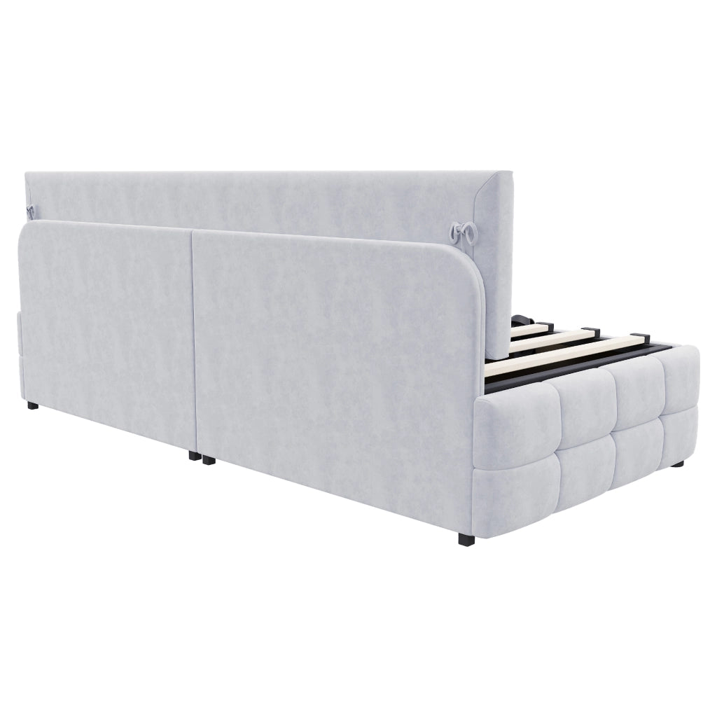 Letto imbottito 90x200 cm con contenitore idraulico, schienale senza braccioli, velluto grigio chiaro