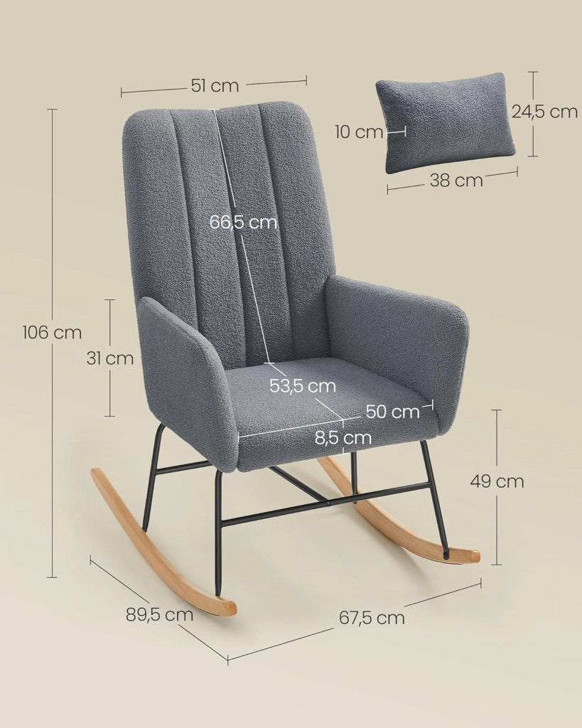 Sedia a Dondolo, con Braccioli, Poltrona a Dondolo, Rivestimento in Peluche, Struttura in Acciaio, Piedi in Legno, Portata 160 kg, Camera da Letto Salotto, Grigio Ardesia LYY500G01
