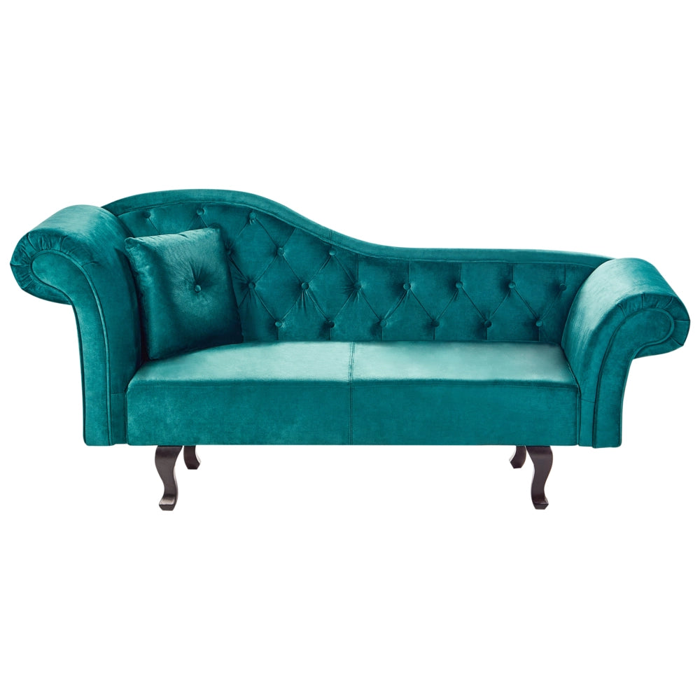 Chaise longue in Velluto Verde Smeraldo Bottone capitonné Tappezzeria versione sinistra con Cuscino