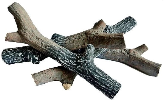 Set di Blocchi in Ceramica per Finta Legna - 4 pezzi - Resistente al Calore - Imitazione del Legno - Struttura del Legno Autentica - 25,5 x 8,0 x 3,5 cm - Colori Naturali - Legna da Caminetto