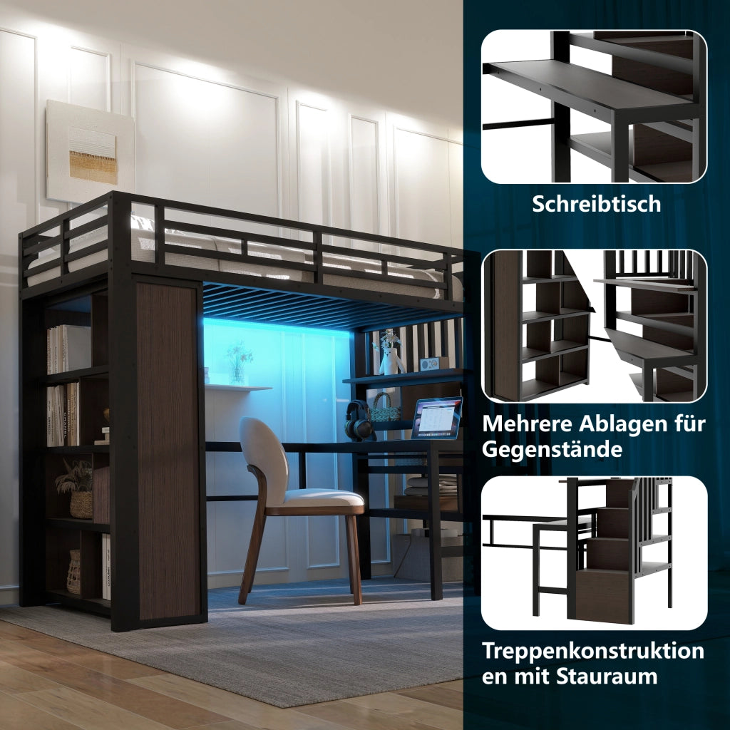 Letto a soppalco singolo 90×200 cm con scrivania; ripiani; LED e scale contenitore; senza materasso; metallo; nero