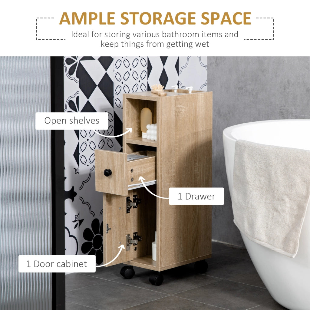 Mobile bagno salvaspazio con ruote ¨C Xylo ¨C rovere con cassetto e ripiano