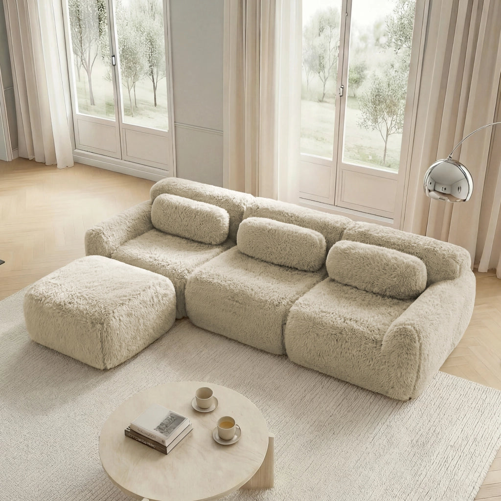 Divano Angolare Modulare a L con Cuscini; Seduta Profonda Senza Struttura; Senza Montaggio; Base Antiscivolo; in Peluche Beige Chiaro