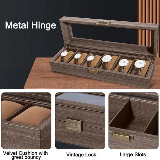 Cassettiere in legno - 6 Compartimenti - Cassa per oggetti - Cuoio PU - Coperchio in vetro